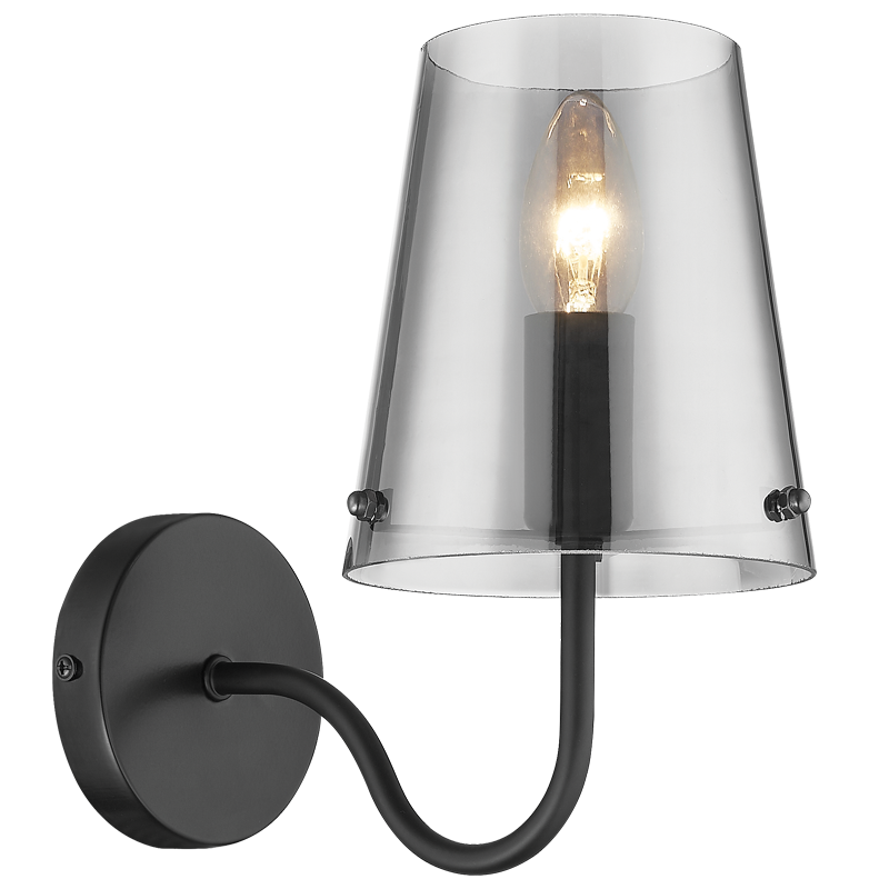 Bright Star WB899/1 Matt Black Metal Wall Light with Smoky Glass Shade – main view