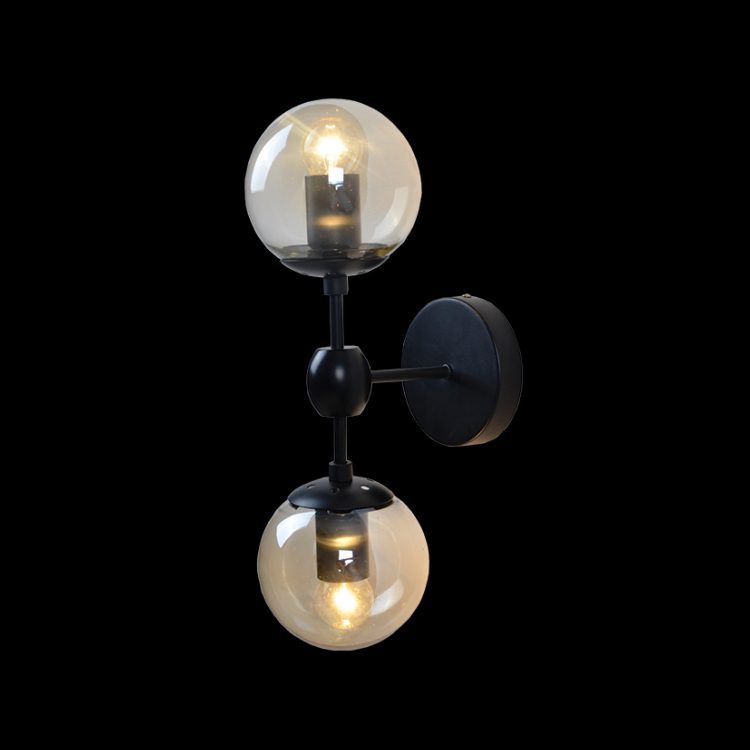 K.Light Black With Amber Glass Art Deco 2 Glass Ball Wall Light – main view