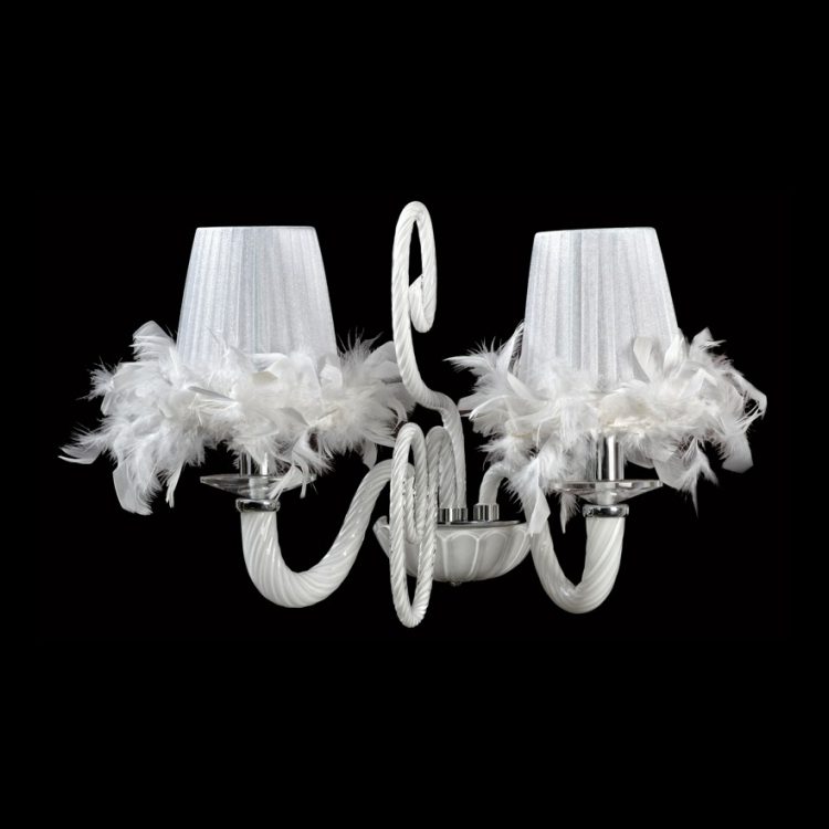 K.Light White Glass Arm Wall Light with Feather Trimmed Shades – main view